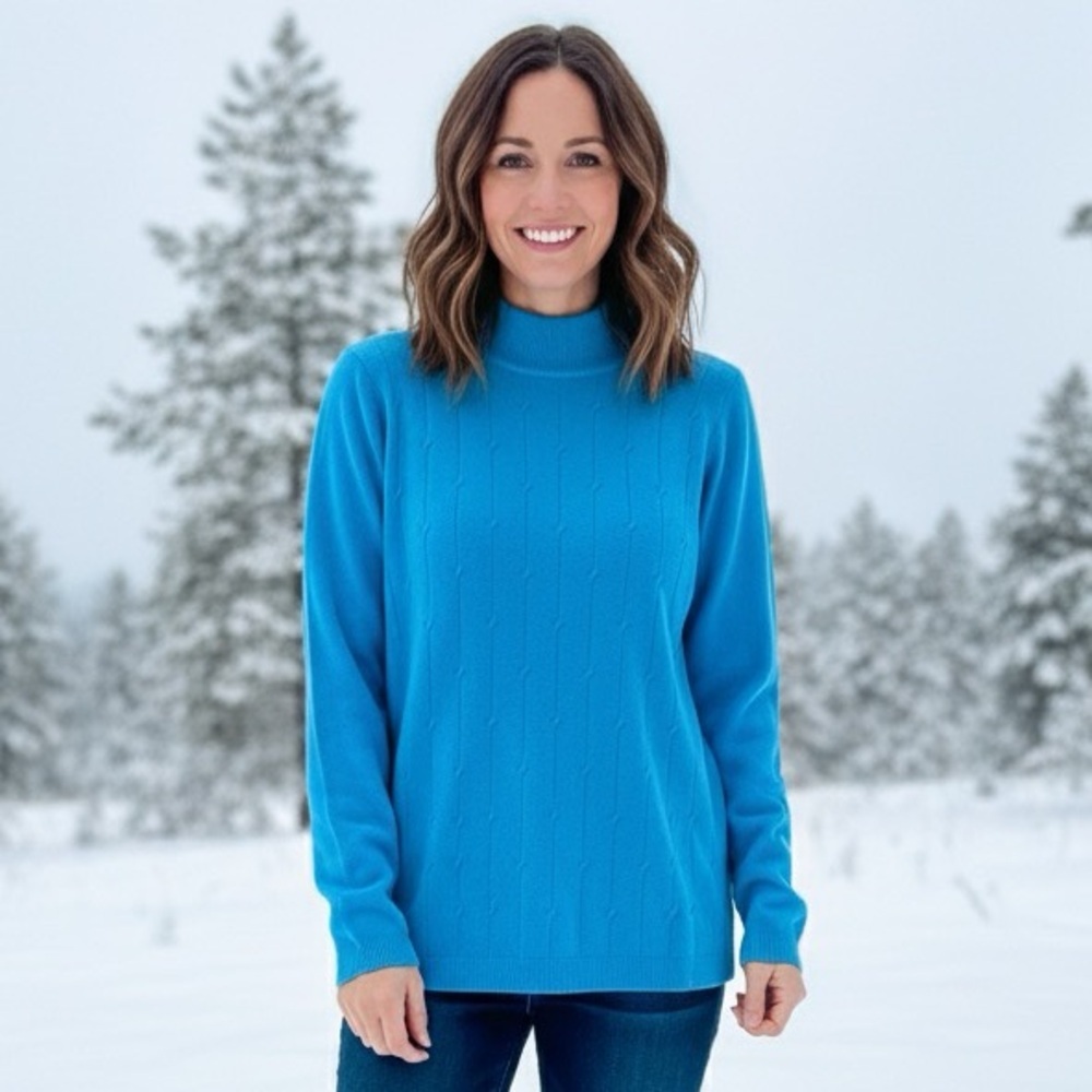 VINTAGE Carroll Reed 90s Mock Neck Fine Cable Knit Sweater Electric Blue